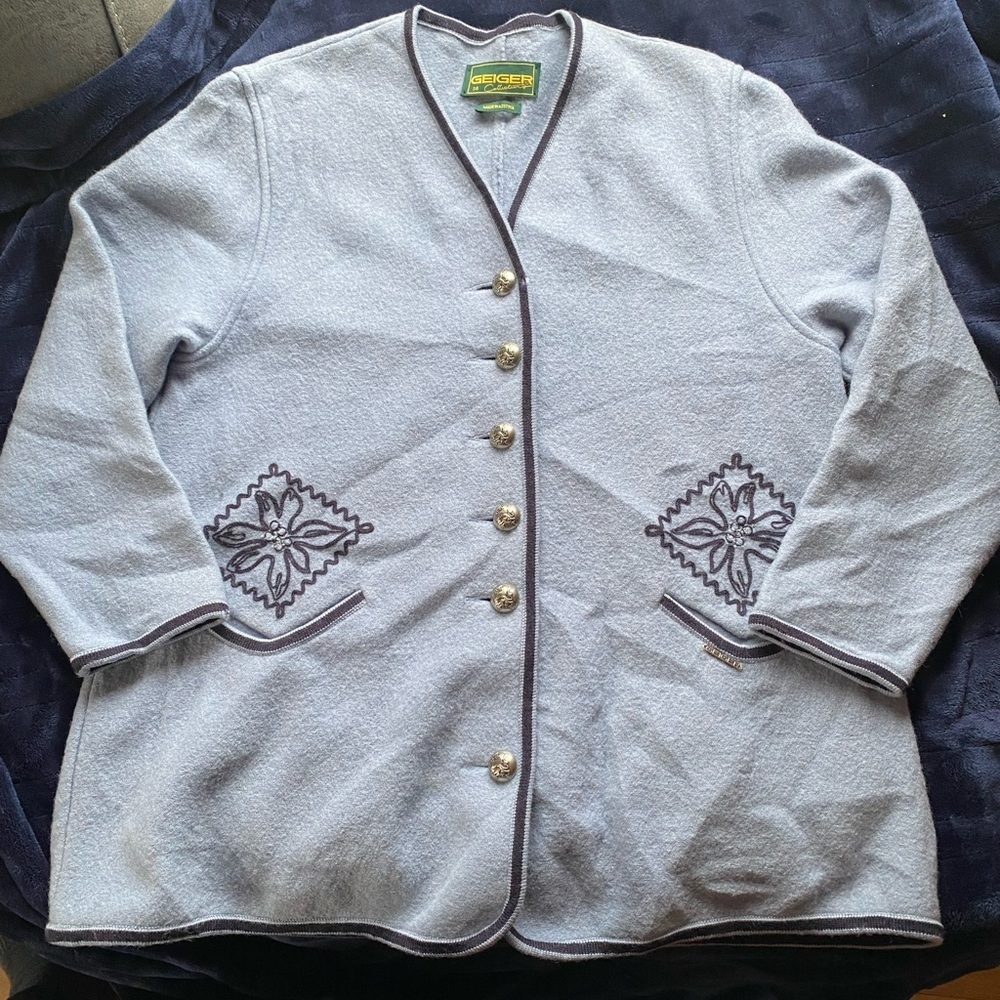 GEIGER Austria Boiled Wool Jacket Embroidered Cardigan Alpine Vintage Size 38